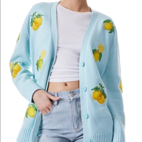 ALICE + OLIVIA BRADFORD LEMON EMBROIDERED GRANDPA CARDIGAN - Picture 6 of 16